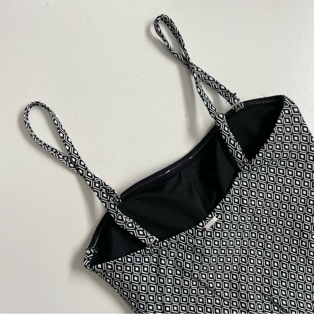 DKNY Swimsuit One Piece Geometric Padded Shelf Bra Ruching Boning Black White - Picture 14 of 16